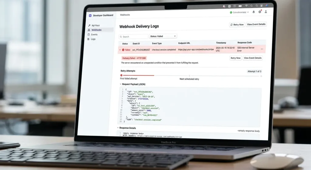 Example of webhook delivery failure logs showing HTTP 502 errors caused by reverse proxy misconfiguration