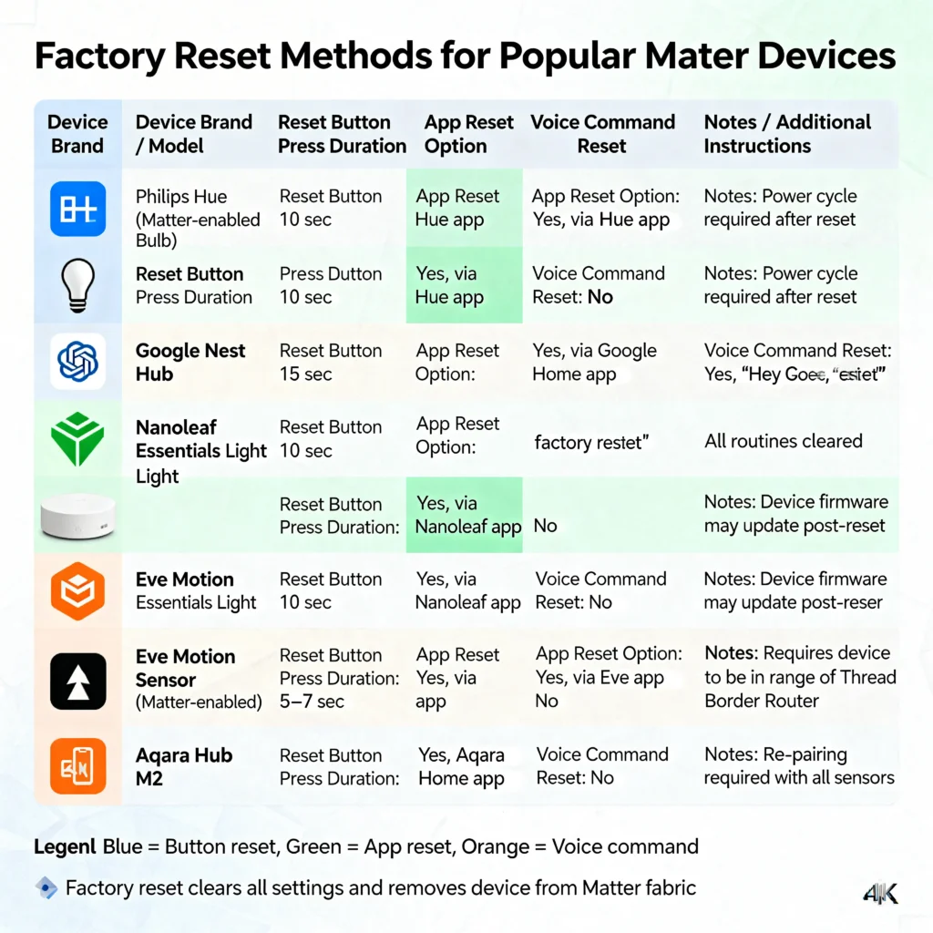 Factory reset instructions for popular Matter smart home devices including Eve, Nanoleaf, Meross, and TP-Link