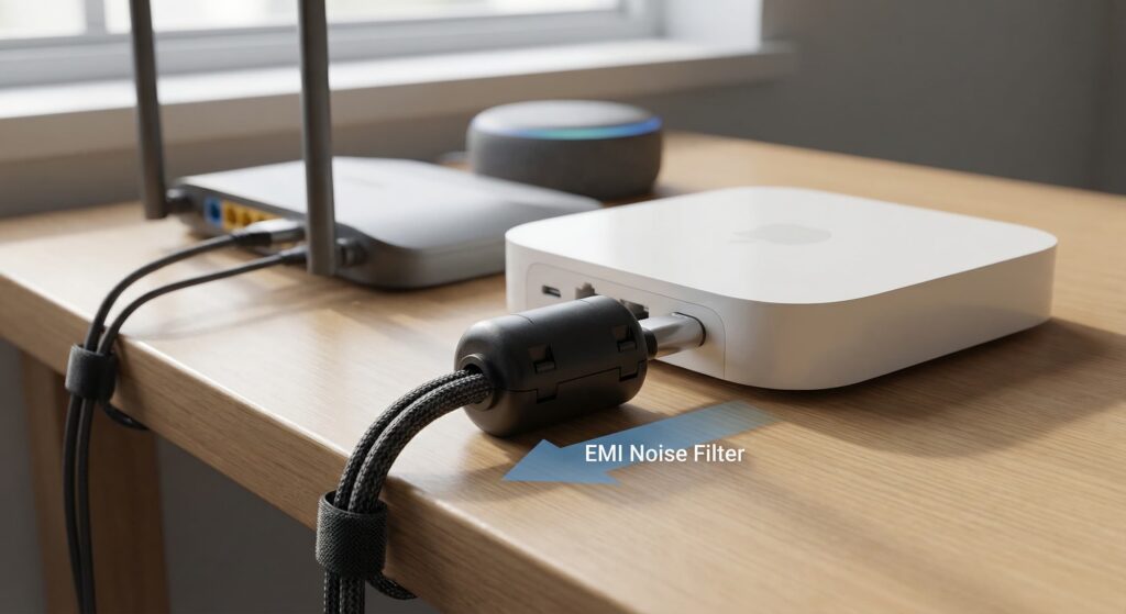 Ferrite choke installed on power cable between UPS and smart home hub to reduce EMI
