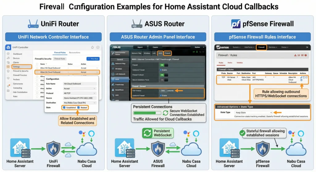 Firewall configuration examples for UniFi, ASUS, and pfSense routers to allow Home Assistant cloud callbacks