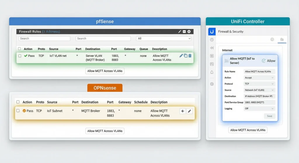 Firewall rule configurations for allowing MQTT across VLANs on pfSense OPNsense and UniFi platforms