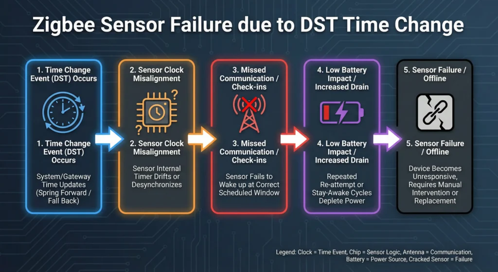 Flowchart explaining how Daylight Saving Time change causes battery-powered Zigbee sensor failures step by step