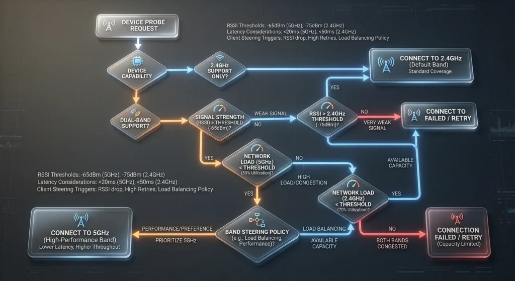 Flowchart explaining how band steering decides whether to connect a device on 2.4GHz or 5GHz