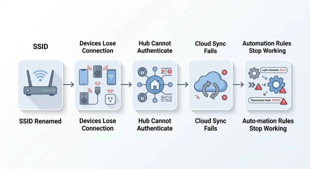 Flowchart explaining step by step how renaming WiFi SSID causes smart home automation failures