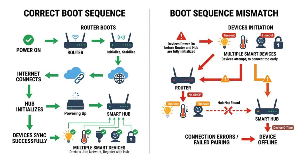 Flowchart illustrating boot sequence timing mismatch between router, smart hub, and IoT devices after a power outage