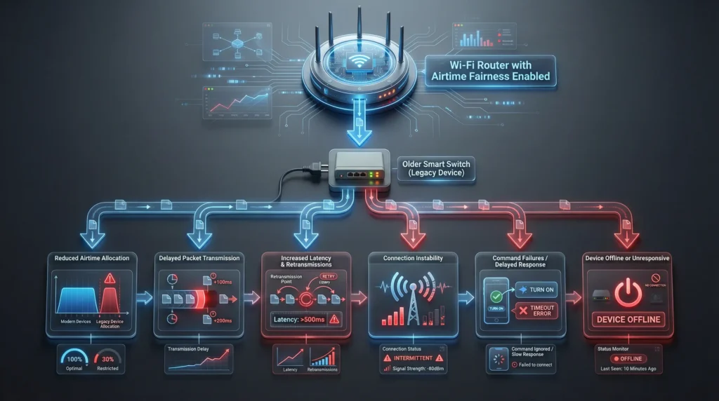 Flowchart illustrating how Airtime Fairness causes cascading connection failures in older WiFi smart switches