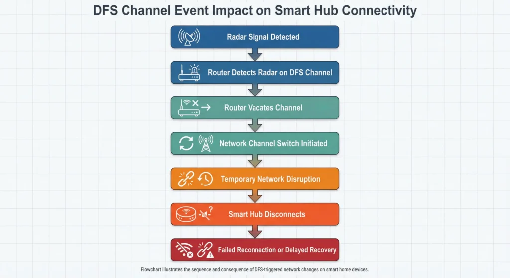 Flowchart illustrating how a DFS radar detection event leads to channel switching and subsequent smart hub disconnection