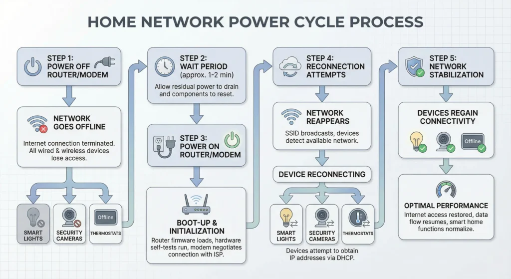 Flowchart illustrating what happens step by step when you power cycle your home network