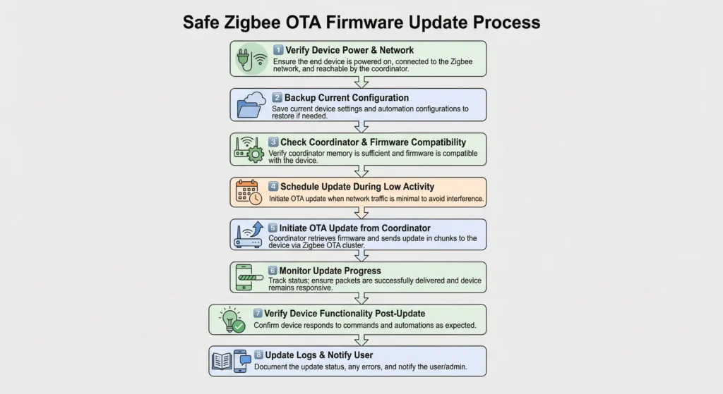 Flowchart showing seven steps to safely perform Zigbee OTA firmware updates without breaking automations