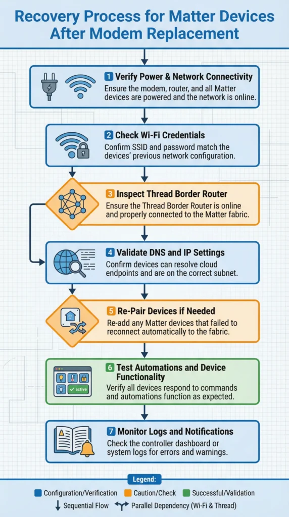 Flowchart showing step by step process to fix Matter devices after ISP modem replacement