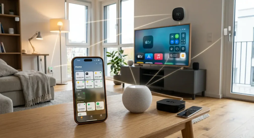 Fully functioning smart home setup with HomePod mini and Thread devices all connected and working properly after troubleshooting