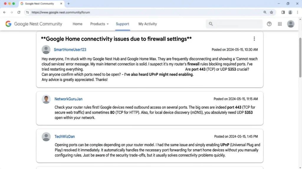 Google Nest community forum discussion about firewall rules breaking smart home device integration