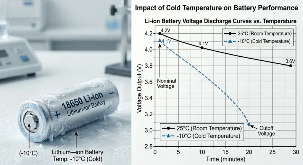 Graph showing battery voltage drop in Zigbee devices at different cold temperatures