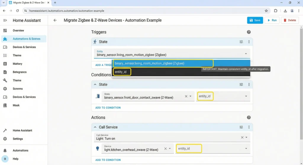 Home Assistant automation editor displaying entity ID references that must remain consistent during Zigbee and Z-Wave network migration