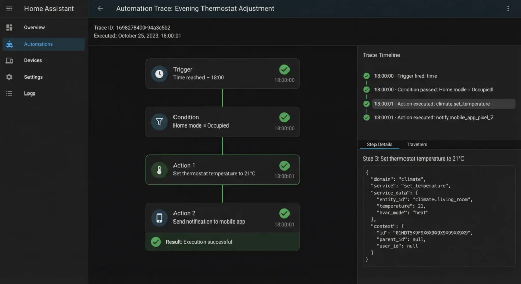 Home Assistant automation trace panel displaying successful execution steps after database recovery