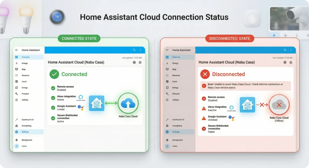 Home Assistant cloud connection status page showing successful connection after firewall configuration fix