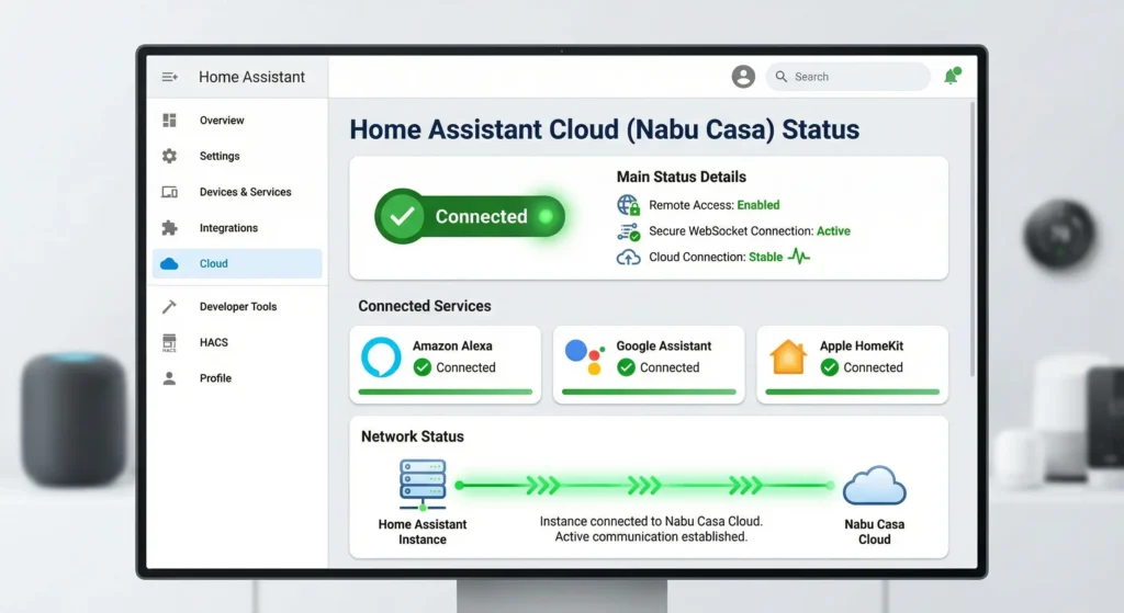Home Assistant configuration page showing cloud status fully connected with Google Assistant and Alexa integrations working