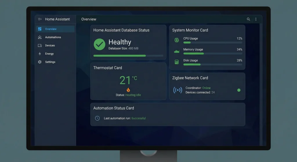 Home Assistant dashboard displaying database health monitoring sensor and file size tracking