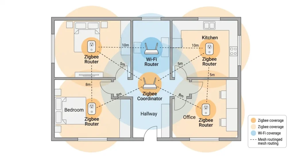 Home floor plan showing recommended placement of Zigbee coordinator and Wi-Fi router with minimum distance for avoiding interference