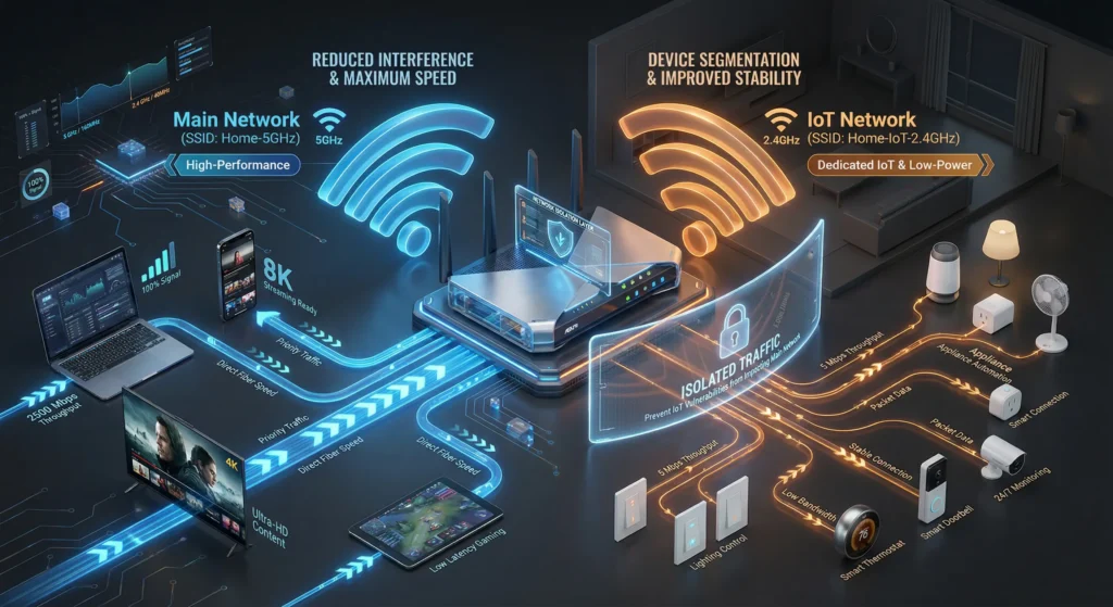 Home network diagram illustrating how to create separate WiFi networks for regular devices and IoT smart switches to avoid Airtime Fairness conflicts