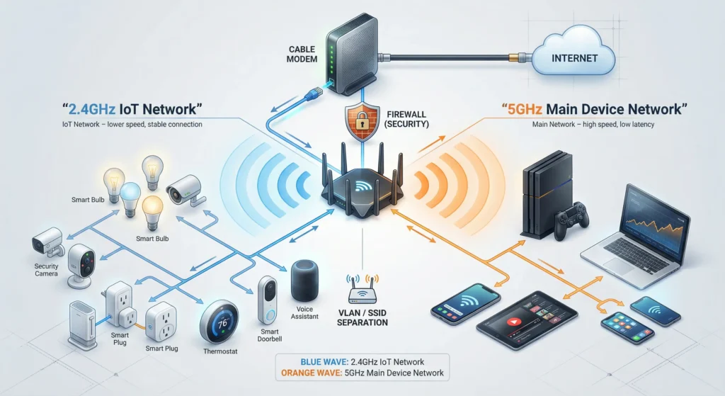 Home network diagram showing separate 2.4GHz IoT network and 5GHz main network with proper segmentation