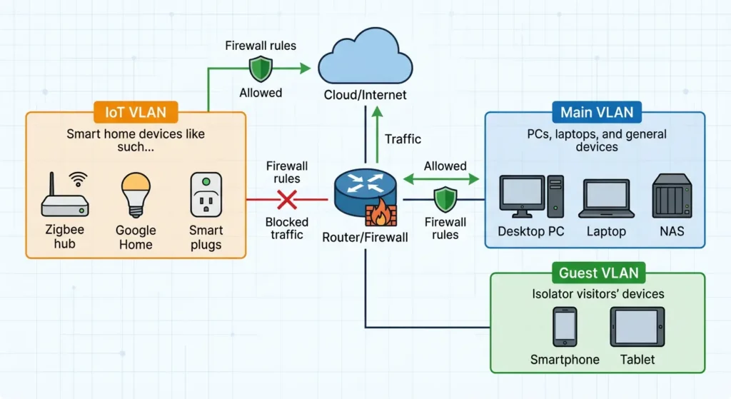 Home network diagram with IoT VLAN segmentation and safe firewall rules for Google Home devices