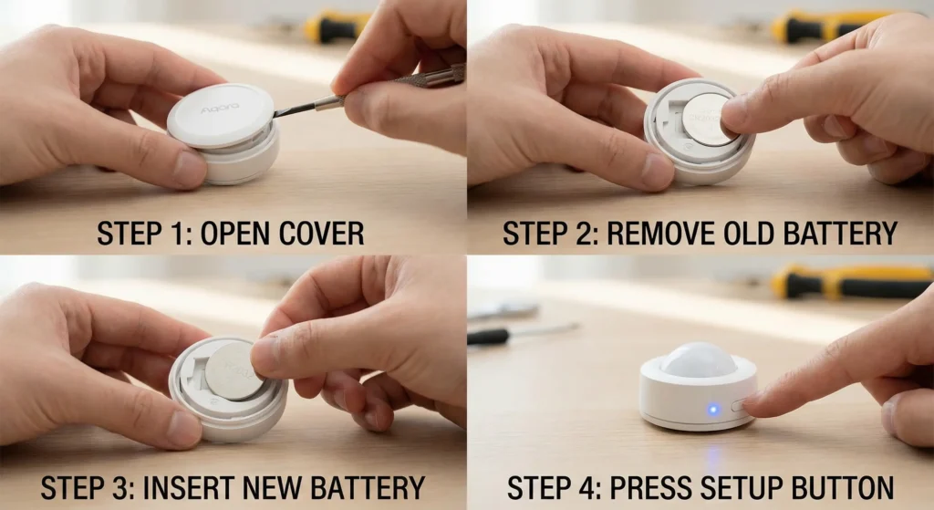 How to fix a battery-powered Aqara Zigbee sensor after DST by pressing the reset button and reinserting the battery