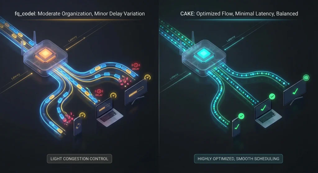 Illustrated comparison of fq_codel versus CAKE queue management algorithms showing how each handles smart home traffic