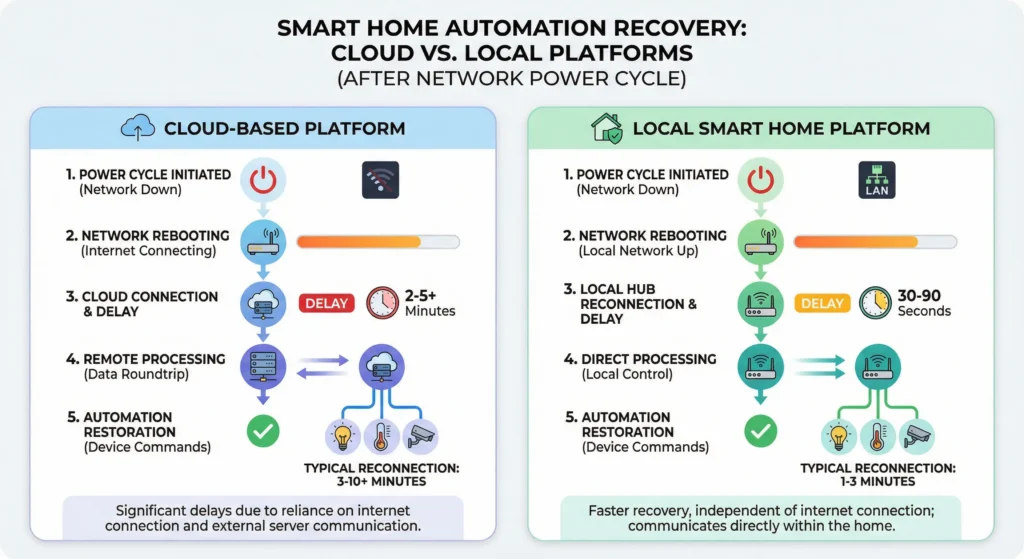 Infographic comparing automation recovery times between cloud-based and local smart home platforms after network power cycling