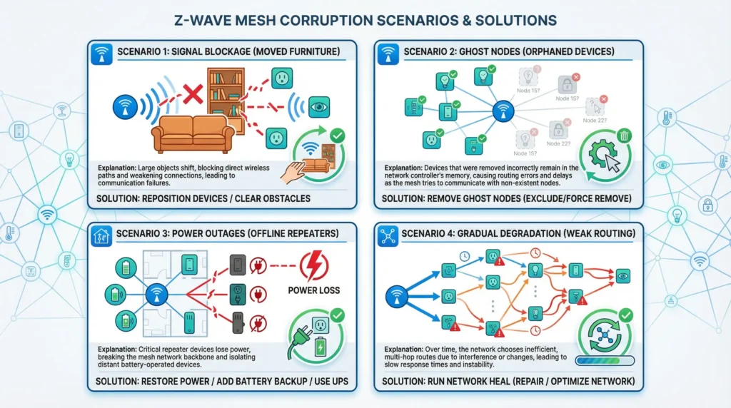 Infographic displaying four common Z-Wave mesh corruption scenarios including moved furniture, ghost nodes, power outages, and network degradation with their solutions