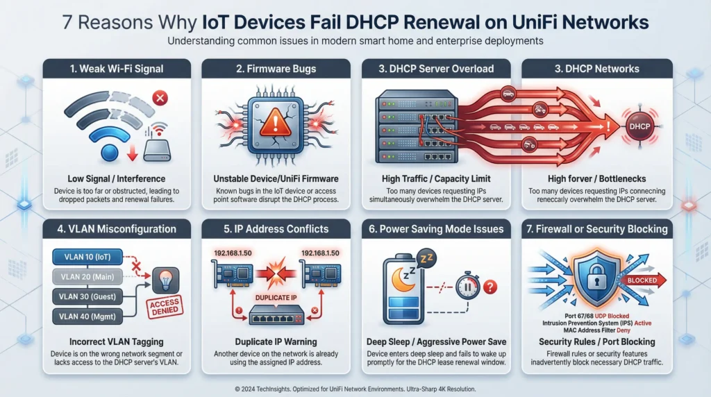 Infographic displaying seven common causes of IoT DHCP renewal failure on UniFi networks including VLAN conflicts, power saving modes, and firmware bugs