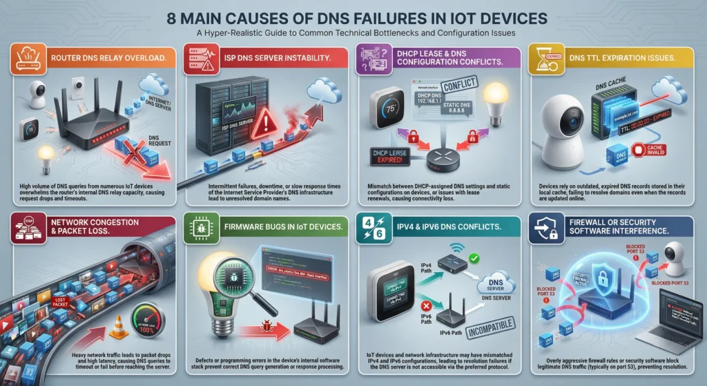Infographic illustrating eight common causes of intermittent DNS resolution failures in IoT devices