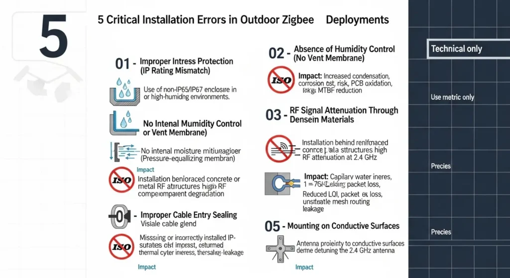 Infographic illustrating five common mistakes EU homeowners make with Zigbee devices during cold weather