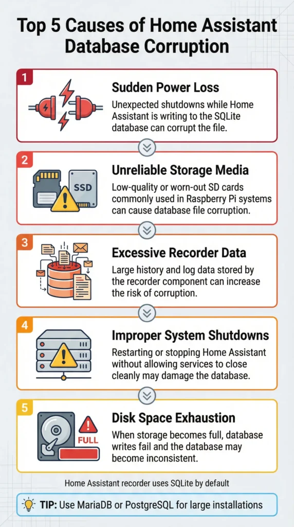 Infographic illustrating five main causes of Home Assistant database corruption including power outages and SD card failure