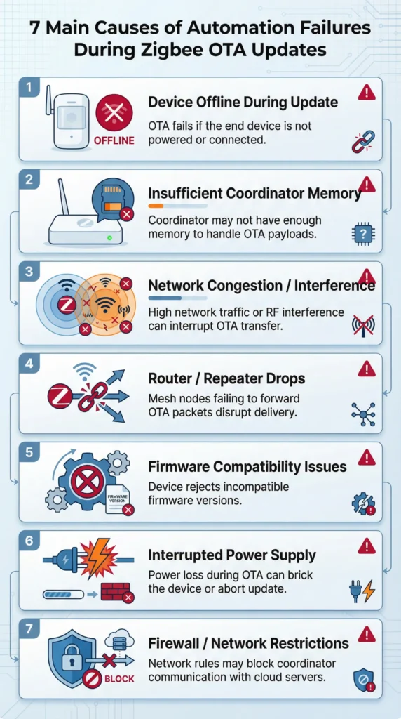 Infographic illustrating seven technical reasons why Zigbee OTA firmware updates break smart home automations