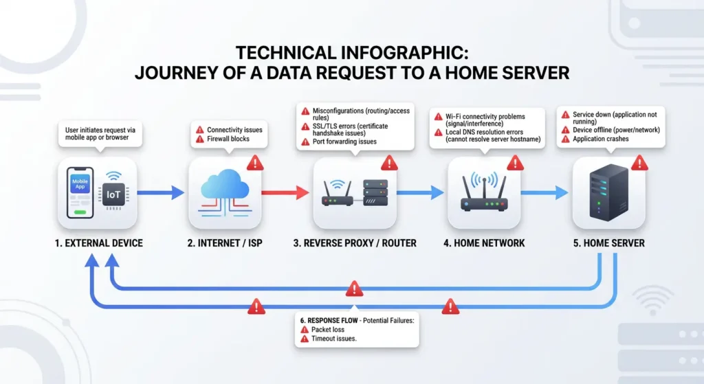 Infographic illustrating the path of an external request to a smart home dashboard showing router, firewall, DNS, SSL, and server as potential failure points