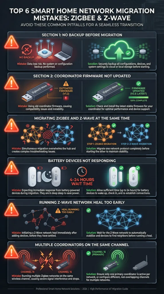 Infographic listing common Zigbee and Z-Wave migration mistakes with warning signs and recommended solutions