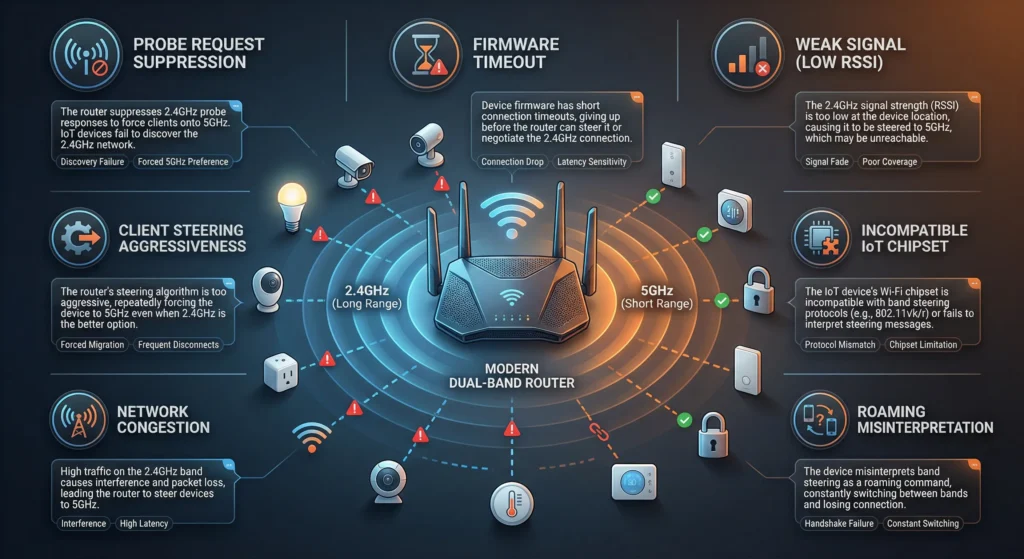 Infographic showing 7 reasons why band steering disconnects 2.4GHz IoT devices including probe suppression and firmware timeouts