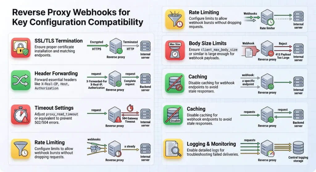 Infographic showing essential reverse proxy settings for reliable webhook delivery including headers, timeouts, and buffering options