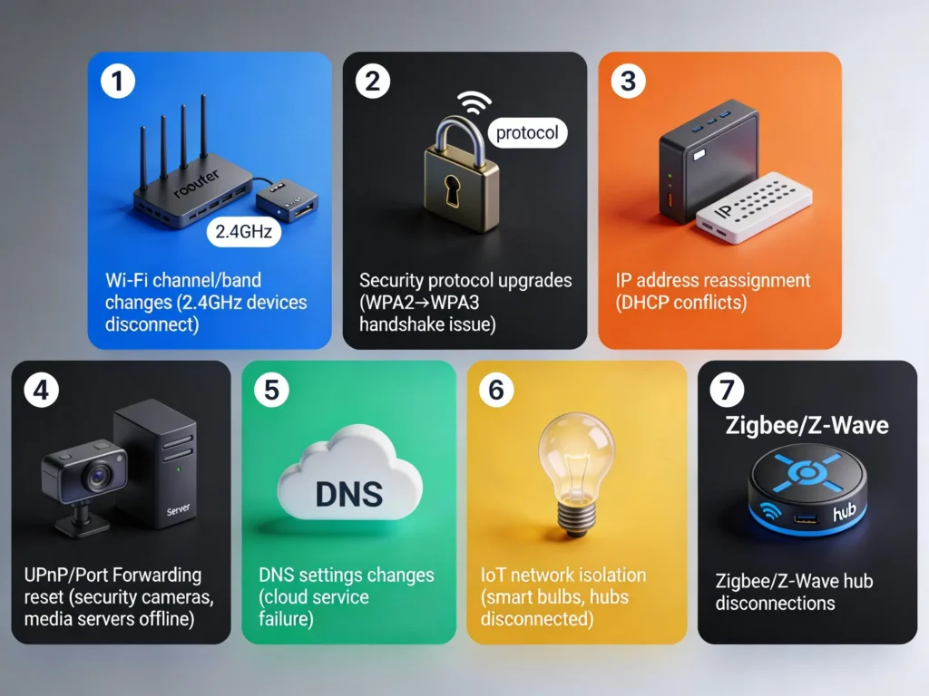 Infographic showing seven common reasons smart home devices disconnect after router firmware updates