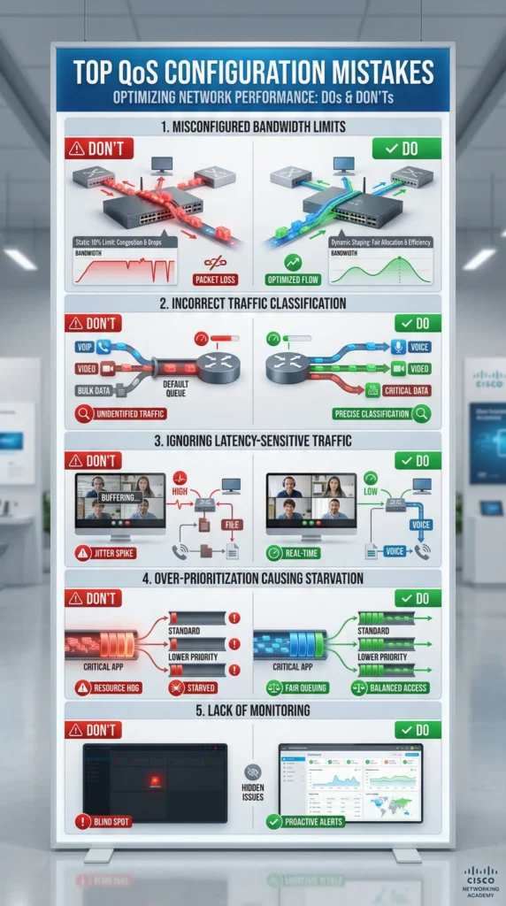 Infographic showing six common QoS configuration mistakes for smart homes with correct and incorrect setup examples side by side