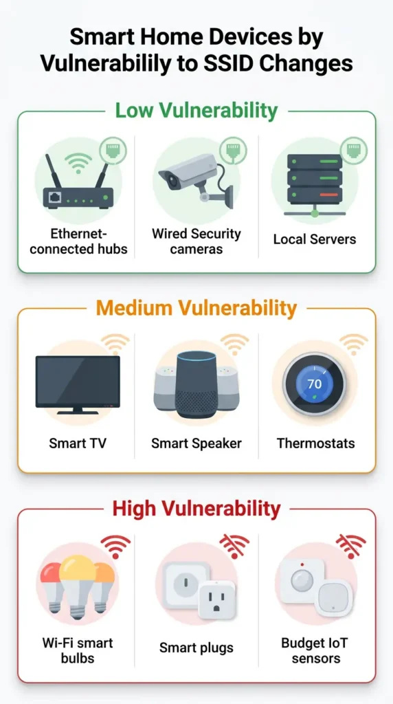 Infographic showing which smart home devices are most vulnerable to WiFi SSID name changes