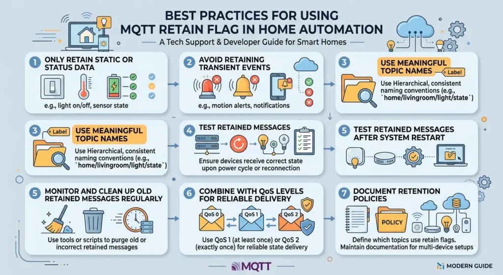 Infographic summarizing MQTT retain flag best practices for home automation including when to use and when to avoid retain