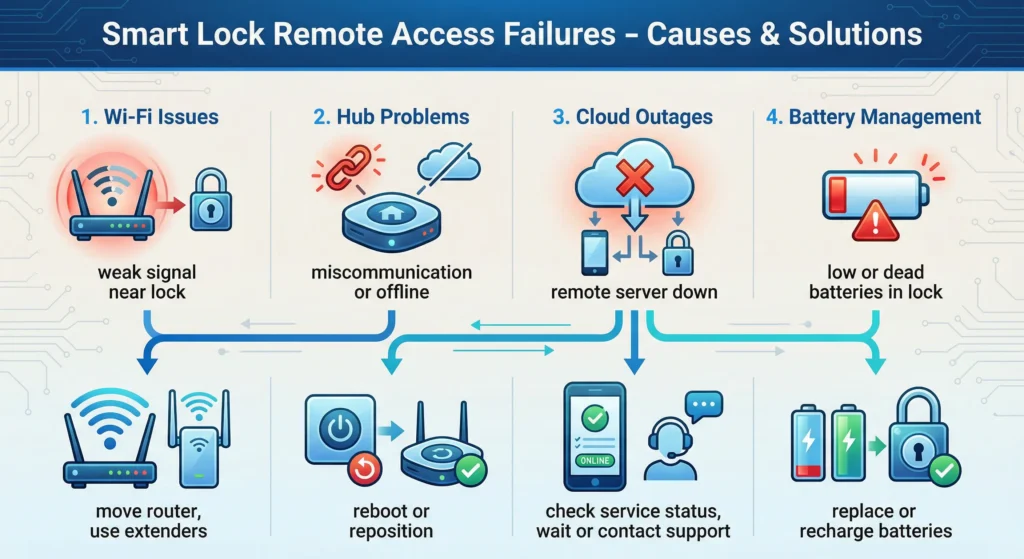 Infographic summarizing the main causes and solutions for smart lock remote access failures including Wi-Fi issues, hub problems, cloud outages, and battery management