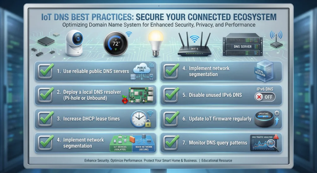 IoT DNS health best practices checklist infographic with seven key recommendations for preventing intermittent failures