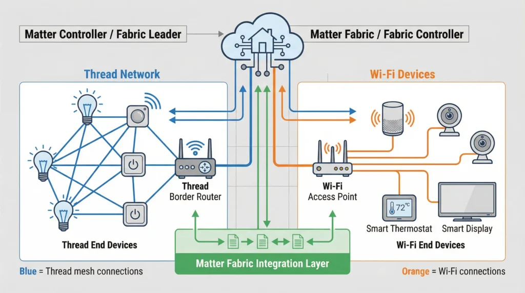 Matter smart home fabric architecture showing Thread and Wi-Fi device connections through modem