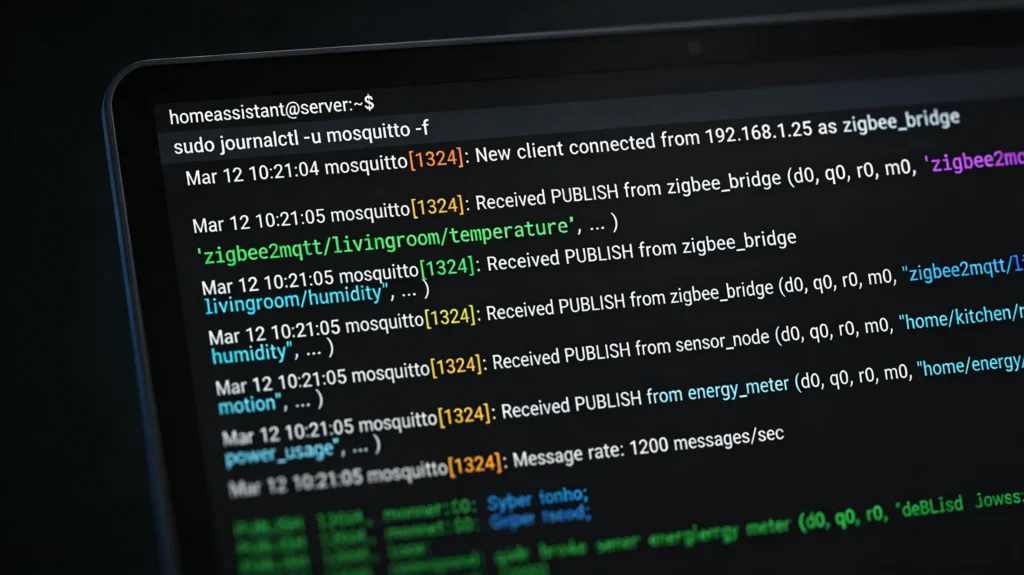Mosquitto MQTT broker log output showing message throughput and connection statistics