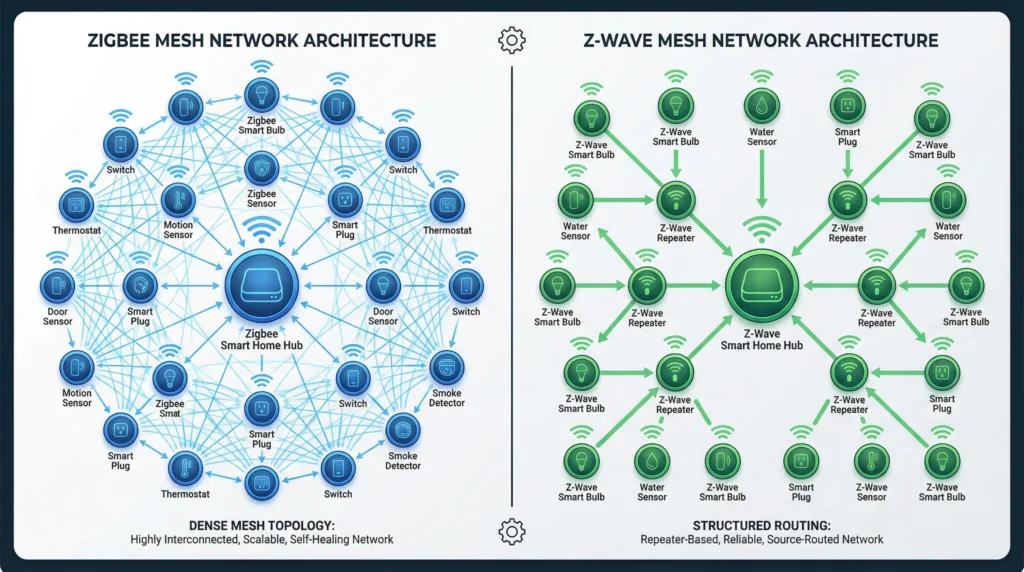 Network architecture comparison diagram showing Zigbee and Z-Wave mesh topology and how devices connect to coordinators