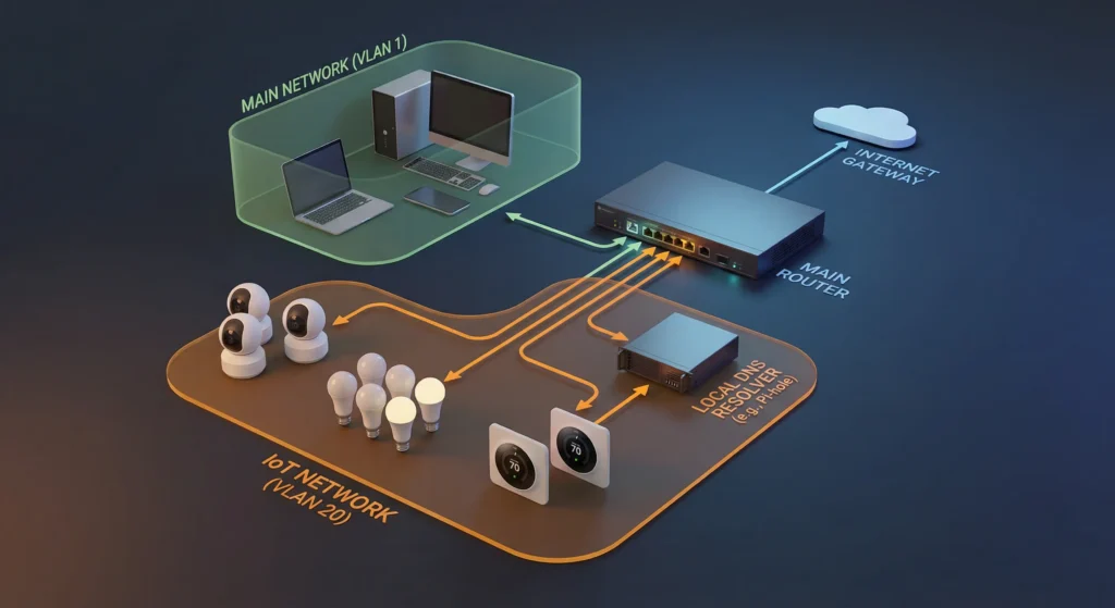 Network architecture diagram showing IoT device VLAN segmentation with dedicated local DNS resolver