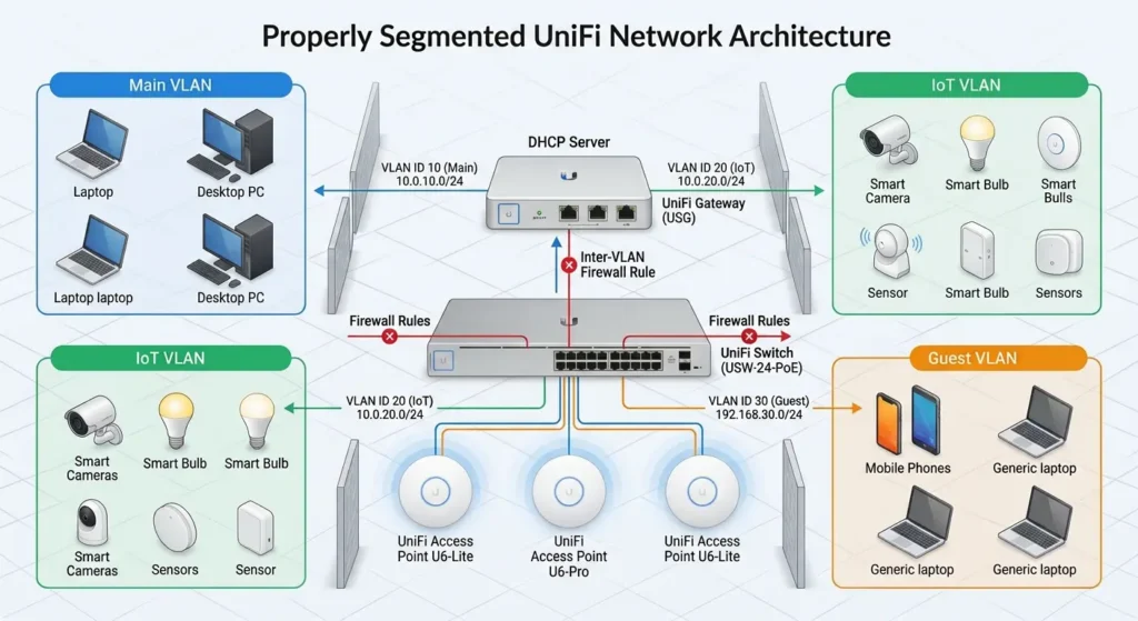Network architecture diagram showing UniFi setup with separate IoT VLAN including proper DHCP relay configuration and firewall rules